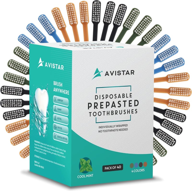 Avistar 40 Prepasted Disposable Toothbrushes Individually Wrapped - Single Use Pre Pasted Disposable Toothbrushes with Toothpaste Built in - Waterless Toothbrush for Travel, Guests, Hotel, & Camping - Image 1